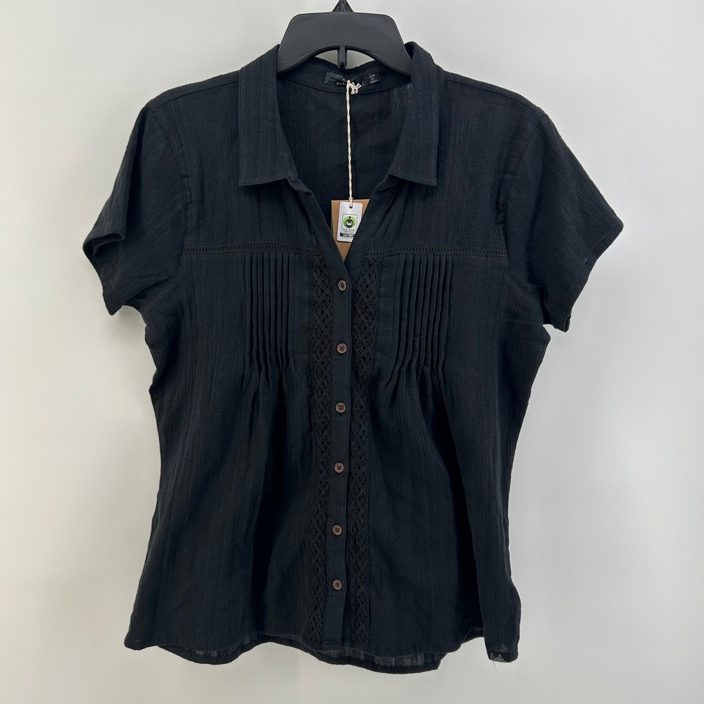 Prana Katya Top Black Pintuck Crochet Lace Button Up Shirt W11170093 Large NEW